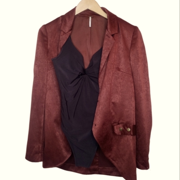 Free People Blazer Silky Satin Sheen Open Front Pockets - Picture 5 of 11